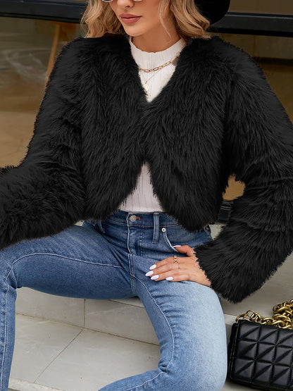 Long Sleeves Open Front Cropped Faux Fur Jacket