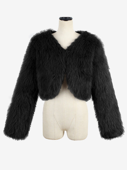 Long Sleeves Open Front Cropped Faux Fur Jacket