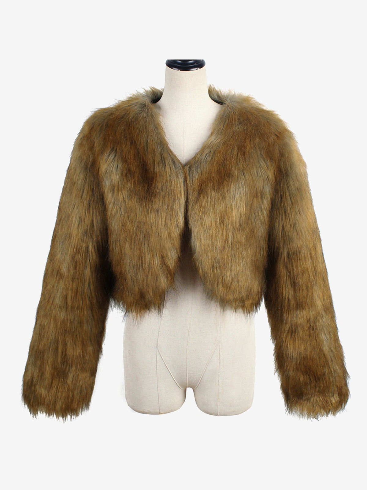 Long Sleeves Open Front Cropped Faux Fur Jacket