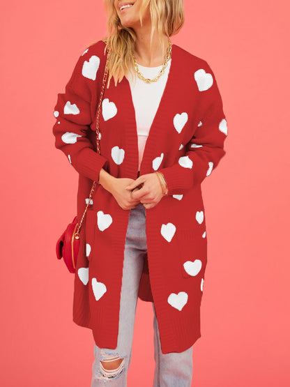 Heart Pattern Pocketed Mid Length Sweater Cardigan