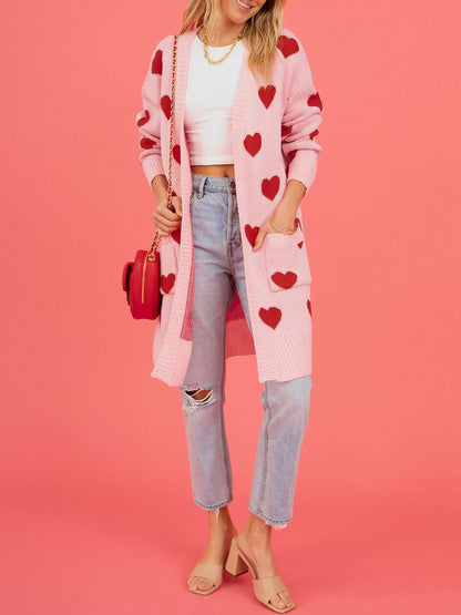 Heart Pattern Pocketed Mid Length Sweater Cardigan