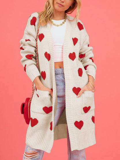 Heart Pattern Pocketed Mid Length Sweater Cardigan