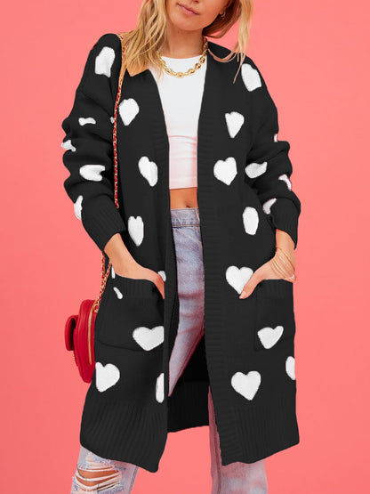 Heart Pattern Pocketed Mid Length Sweater Cardigan