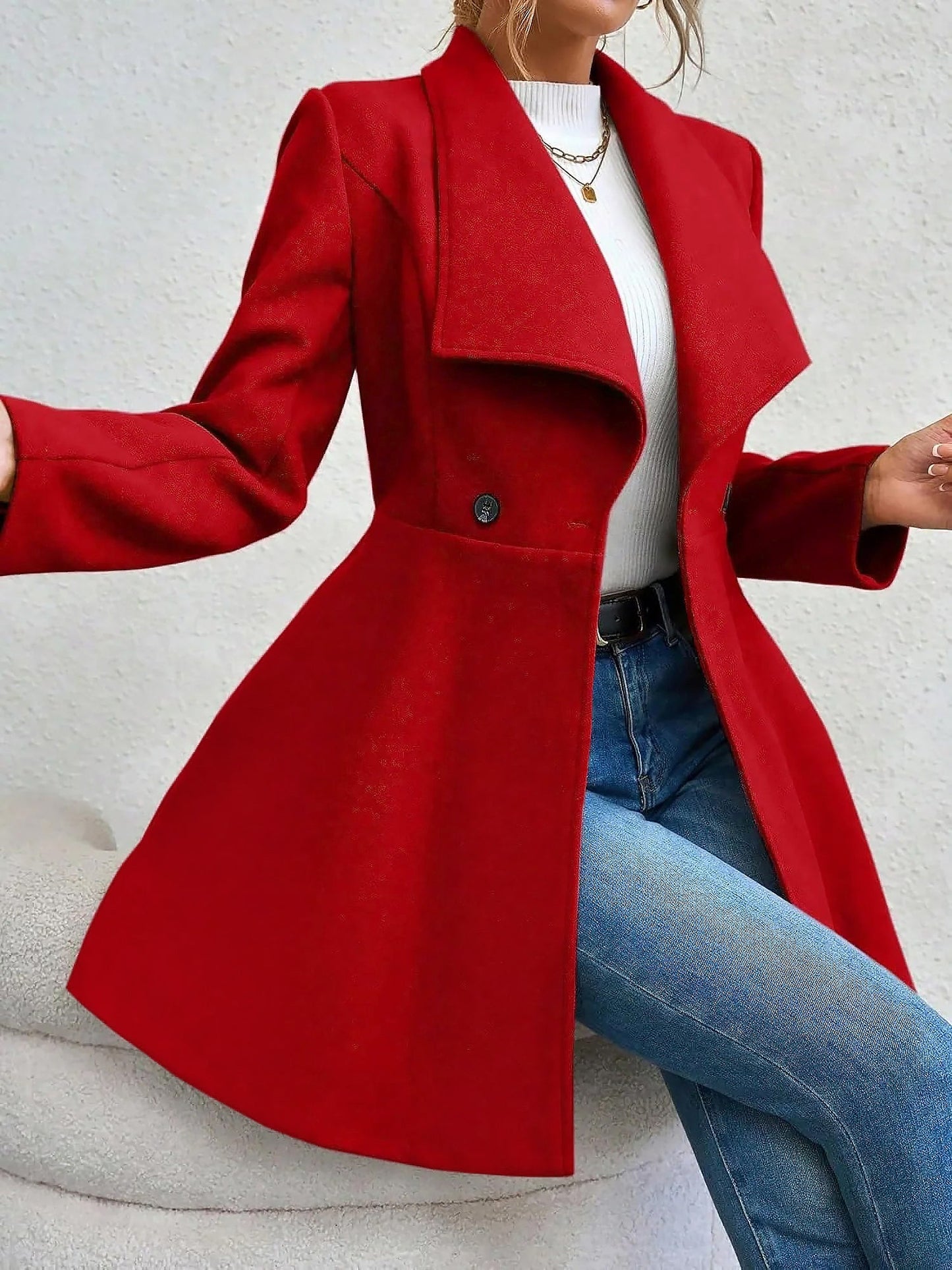 Lapel Long Sleeves Bouble Breasted Peplum Coat