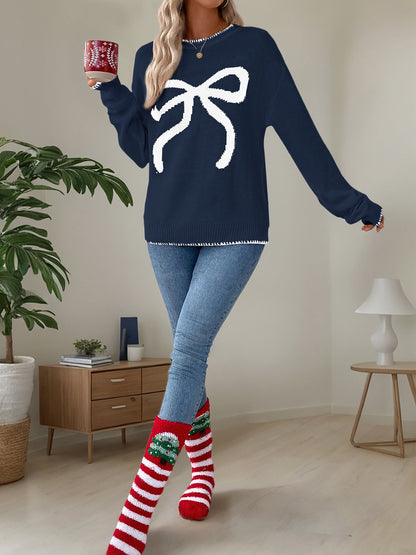 Loose Long Sleeve Round Neck Christmas Bow Sweater