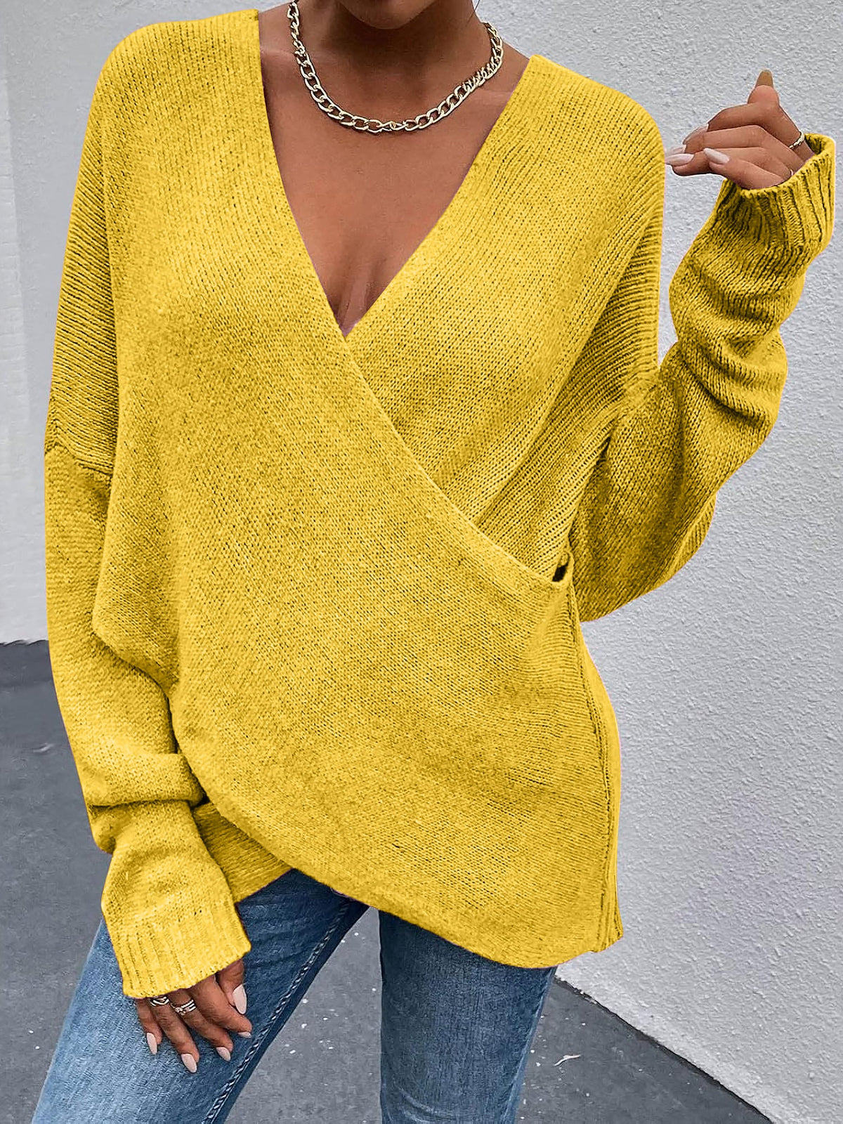 Cross V Neck Solid Color Long Sleeves Casual Sweater