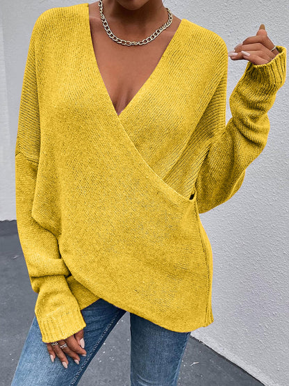 Cross V Neck Solid Color Long Sleeves Casual Sweater
