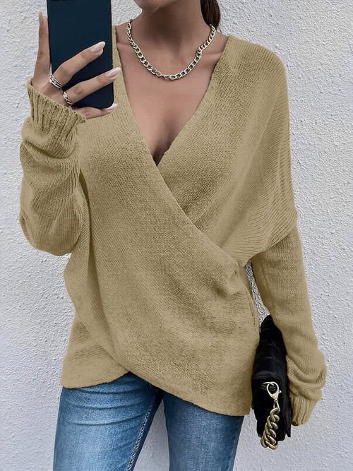 Cross V Neck Solid Color Long Sleeves Casual Sweater