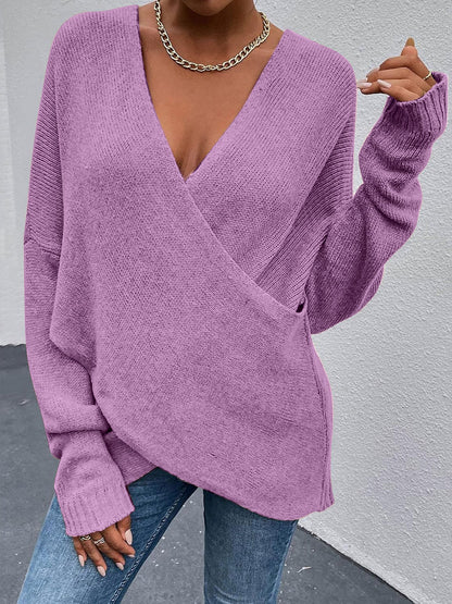 Cross V Neck Solid Color Long Sleeves Casual Sweater