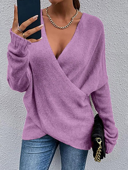 Cross V Neck Solid Color Long Sleeves Casual Sweater
