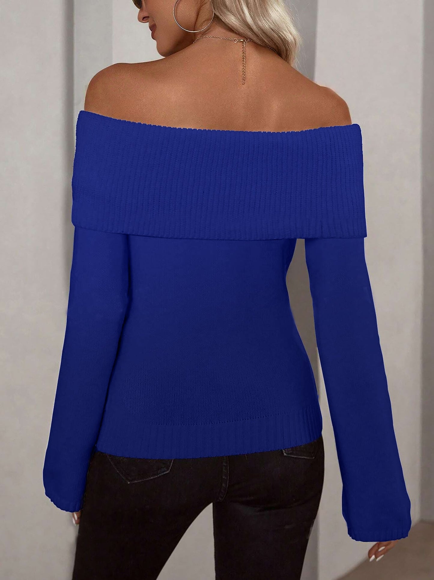 Solid Color Off Shoulder Long Sleeves Knitted Sweater