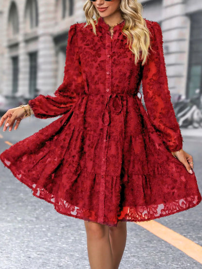 Long Sleeves Textured Button Down Tiered Shirt Dress