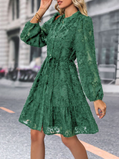Long Sleeves Textured Button Down Tiered Shirt Dress
