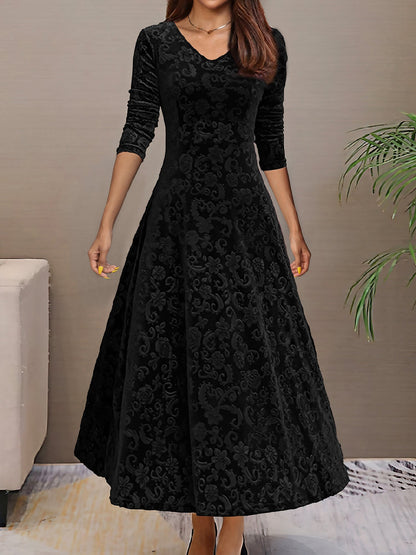 Elegant Vintage Velvet Floral V Neck Long Sleeves Maxi Dress