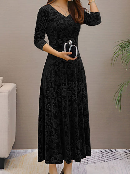 Elegant Vintage Velvet Floral V Neck Long Sleeves Maxi Dress