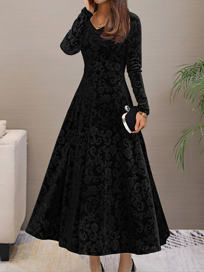 Elegant Vintage Velvet Floral V Neck Long Sleeves Maxi Dress