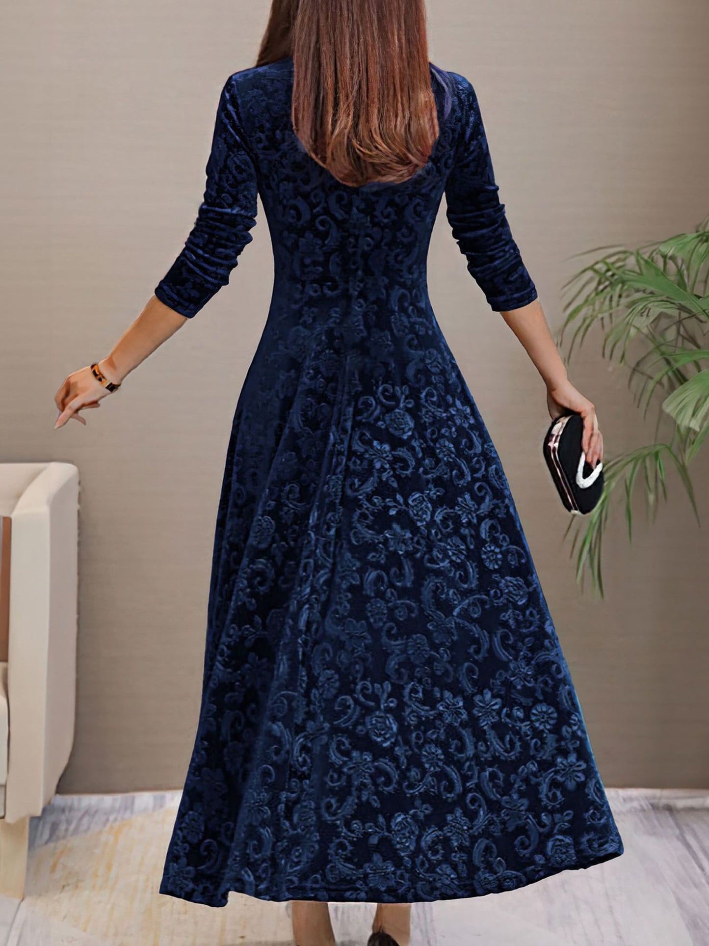 Elegant Vintage Velvet Floral V Neck Long Sleeves Maxi Dress
