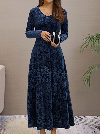 Elegant Vintage Velvet Floral V Neck Long Sleeves Maxi Dress