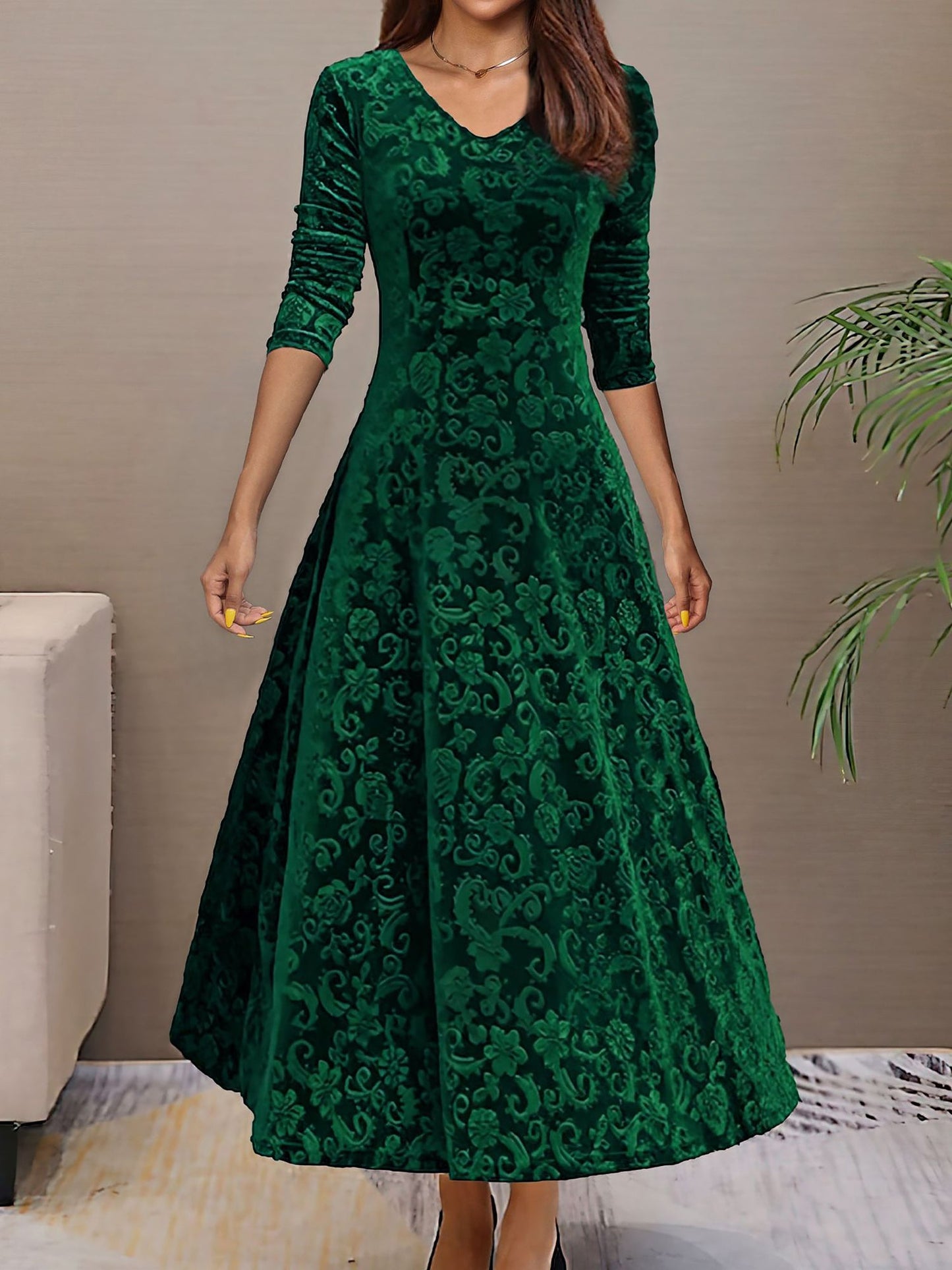 Elegant Vintage Velvet Floral V Neck Long Sleeves Maxi Dress