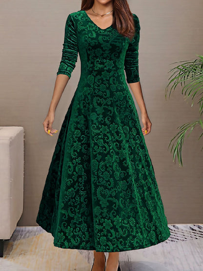 Elegant Vintage Velvet Floral V Neck Long Sleeves Maxi Dress