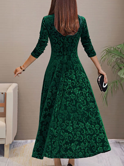 Elegant Vintage Velvet Floral V Neck Long Sleeves Maxi Dress