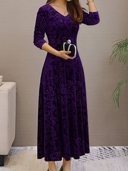 Elegant Vintage Velvet Floral V Neck Long Sleeves Maxi Dress