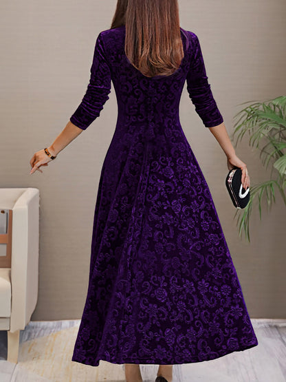 Elegant Vintage Velvet Floral V Neck Long Sleeves Maxi Dress