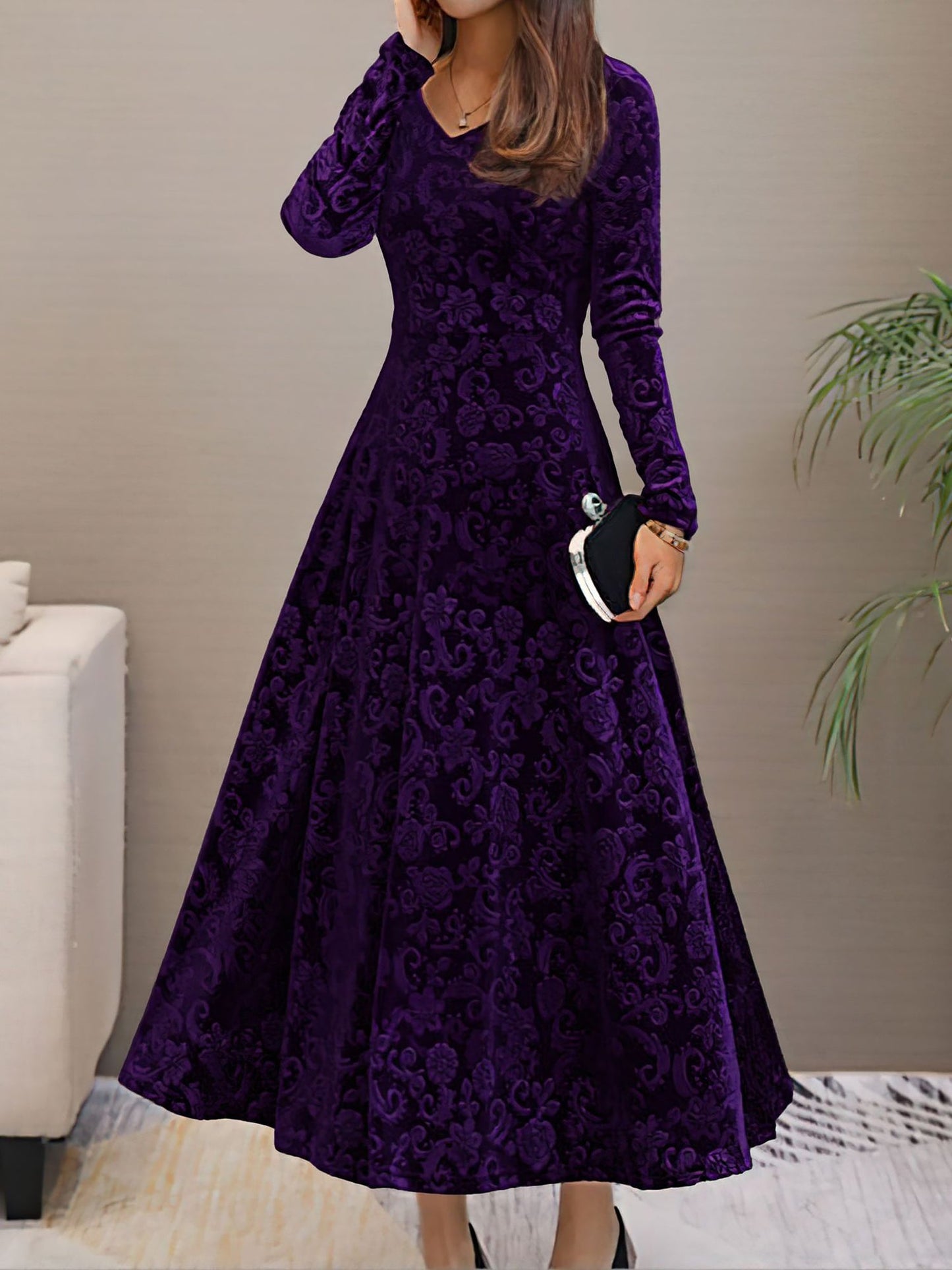 Elegant Vintage Velvet Floral V Neck Long Sleeves Maxi Dress
