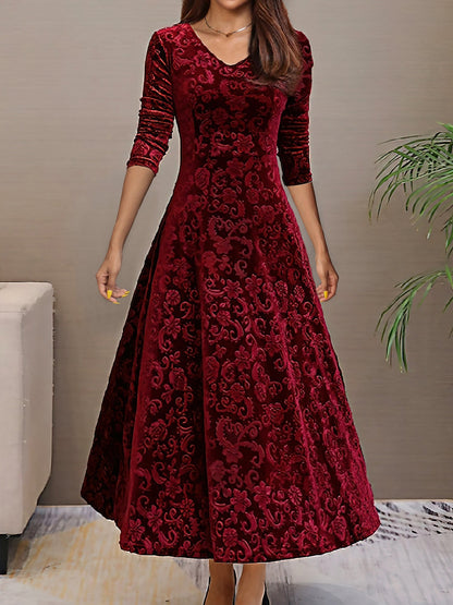 Elegant Vintage Velvet Floral V Neck Long Sleeves Maxi Dress