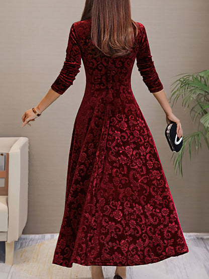 Elegant Vintage Velvet Floral V Neck Long Sleeves Maxi Dress