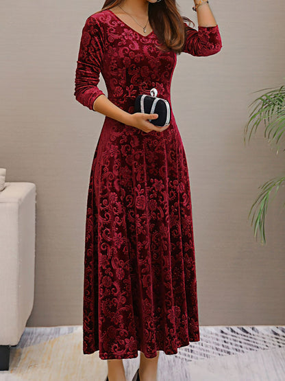 Elegant Vintage Velvet Floral V Neck Long Sleeves Maxi Dress
