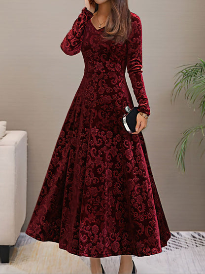 Elegant Vintage Velvet Floral V Neck Long Sleeves Maxi Dress