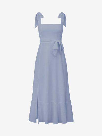 Bow Lace-Up Belted Slit Ruffled Sleeveless Midi Dress
