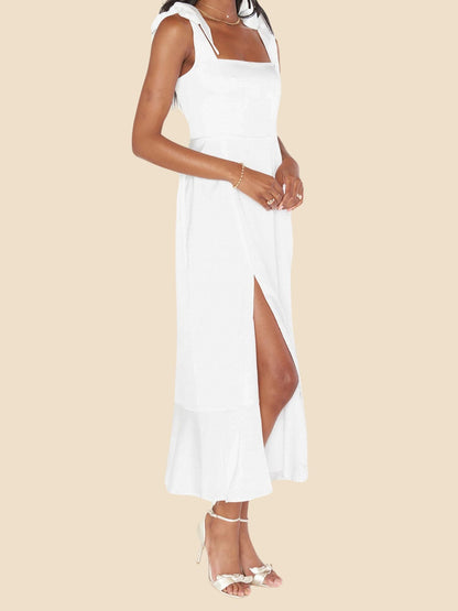 Bow Lace-Up Belted Slit Ruffled Sleeveless Midi Dress