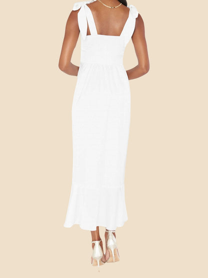 Bow Lace-Up Belted Slit Ruffled Sleeveless Midi Dress