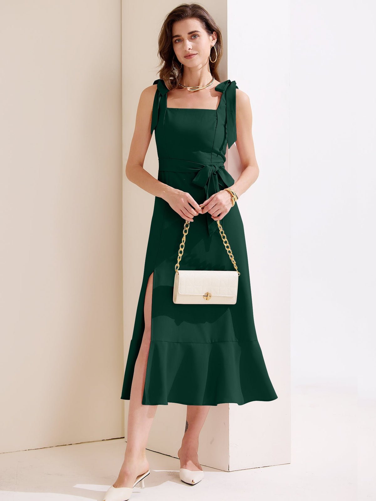 Bow Lace-Up Belted Slit Ruffled Sleeveless Midi Dress