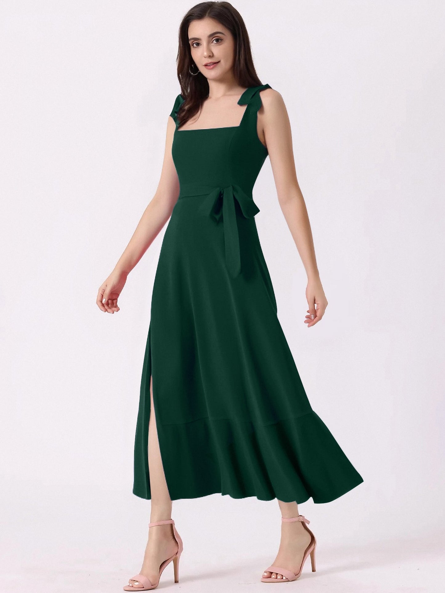 Bow Lace-Up Belted Slit Ruffled Sleeveless Midi Dress