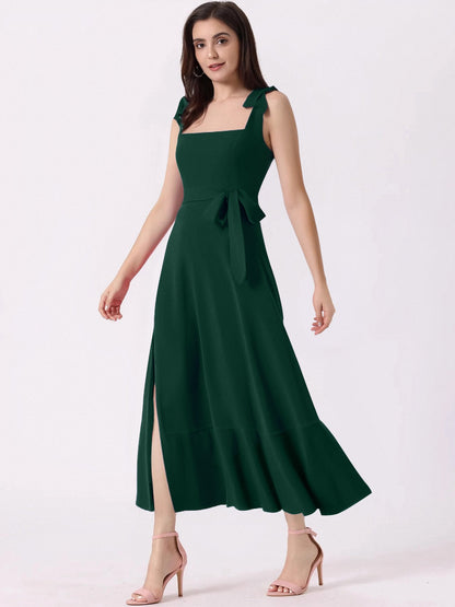 Bow Lace-Up Belted Slit Ruffled Sleeveless Midi Dress
