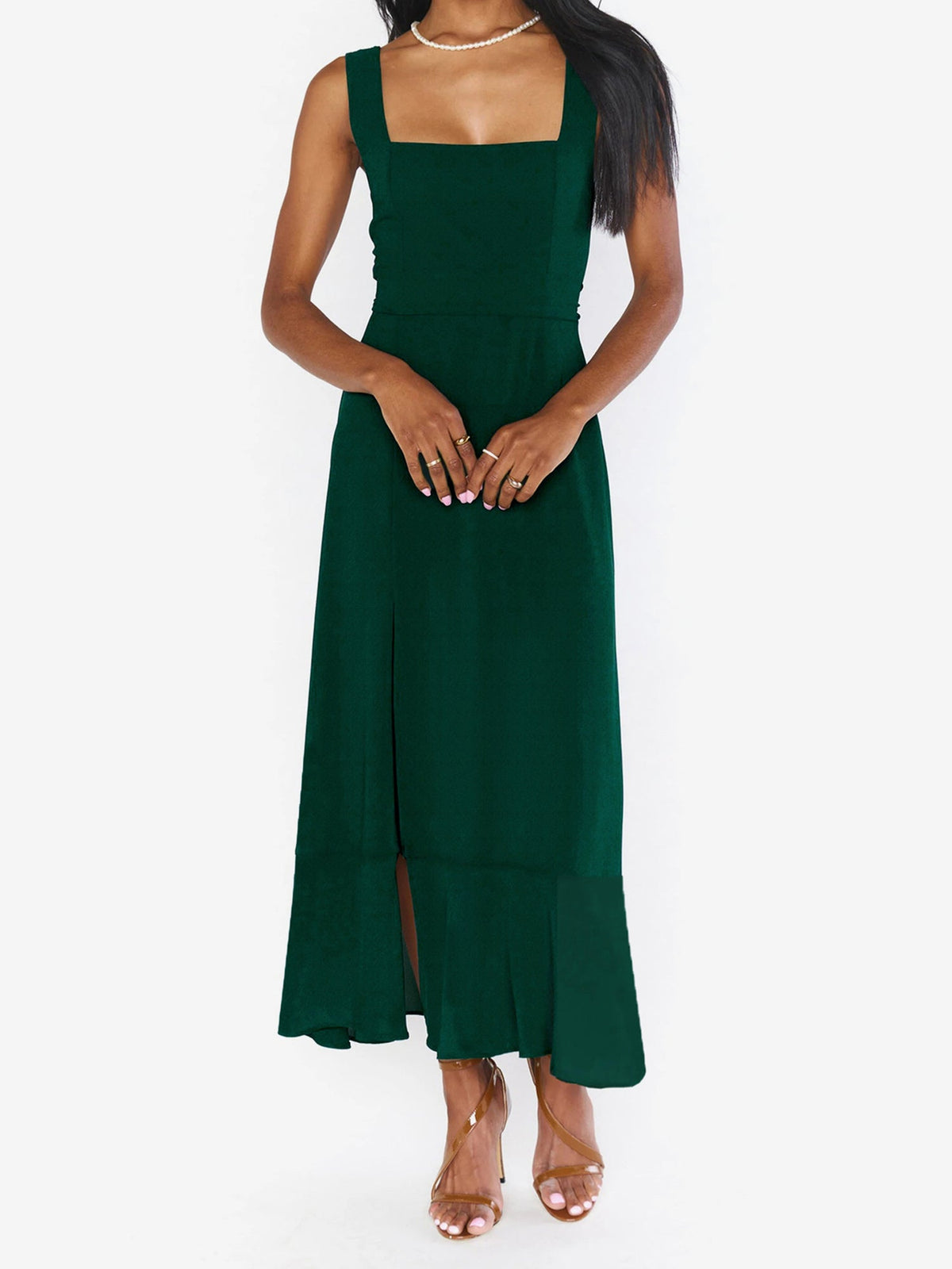 Bow Lace-Up Belted Slit Ruffled Sleeveless Midi Dress