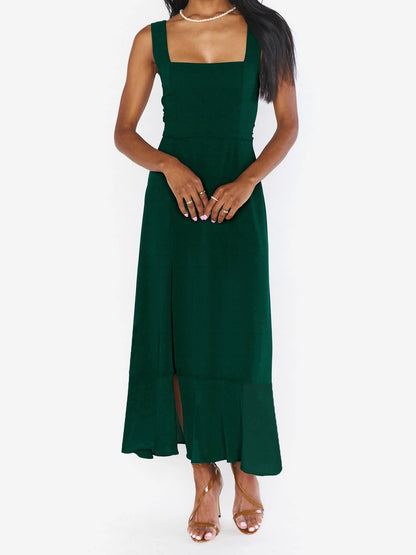 Bow Lace-Up Belted Slit Ruffled Sleeveless Midi Dress