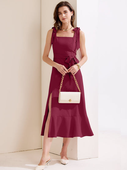Bow Lace-Up Belted Slit Ruffled Sleeveless Midi Dress