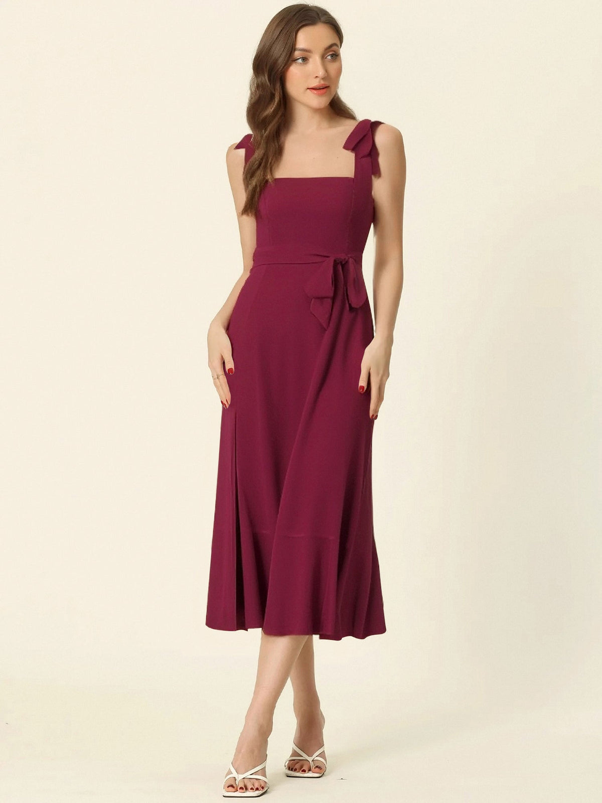 Bow Lace-Up Belted Slit Ruffled Sleeveless Midi Dress