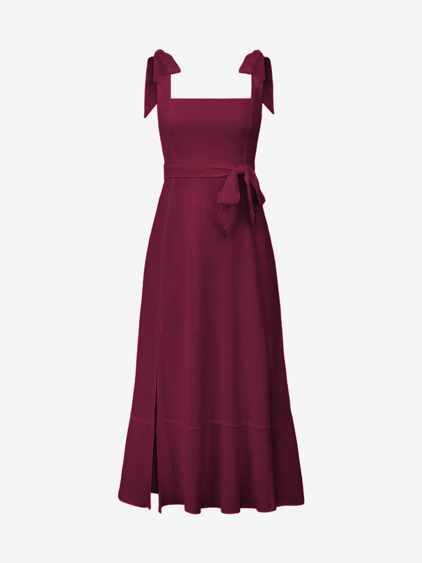 Bow Lace-Up Belted Slit Ruffled Sleeveless Midi Dress