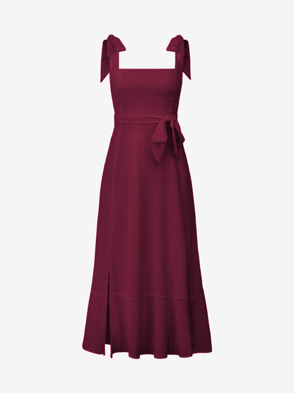 Bow Lace-Up Belted Slit Ruffled Sleeveless Midi Dress