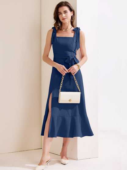Bow Lace-Up Belted Slit Ruffled Sleeveless Midi Dress