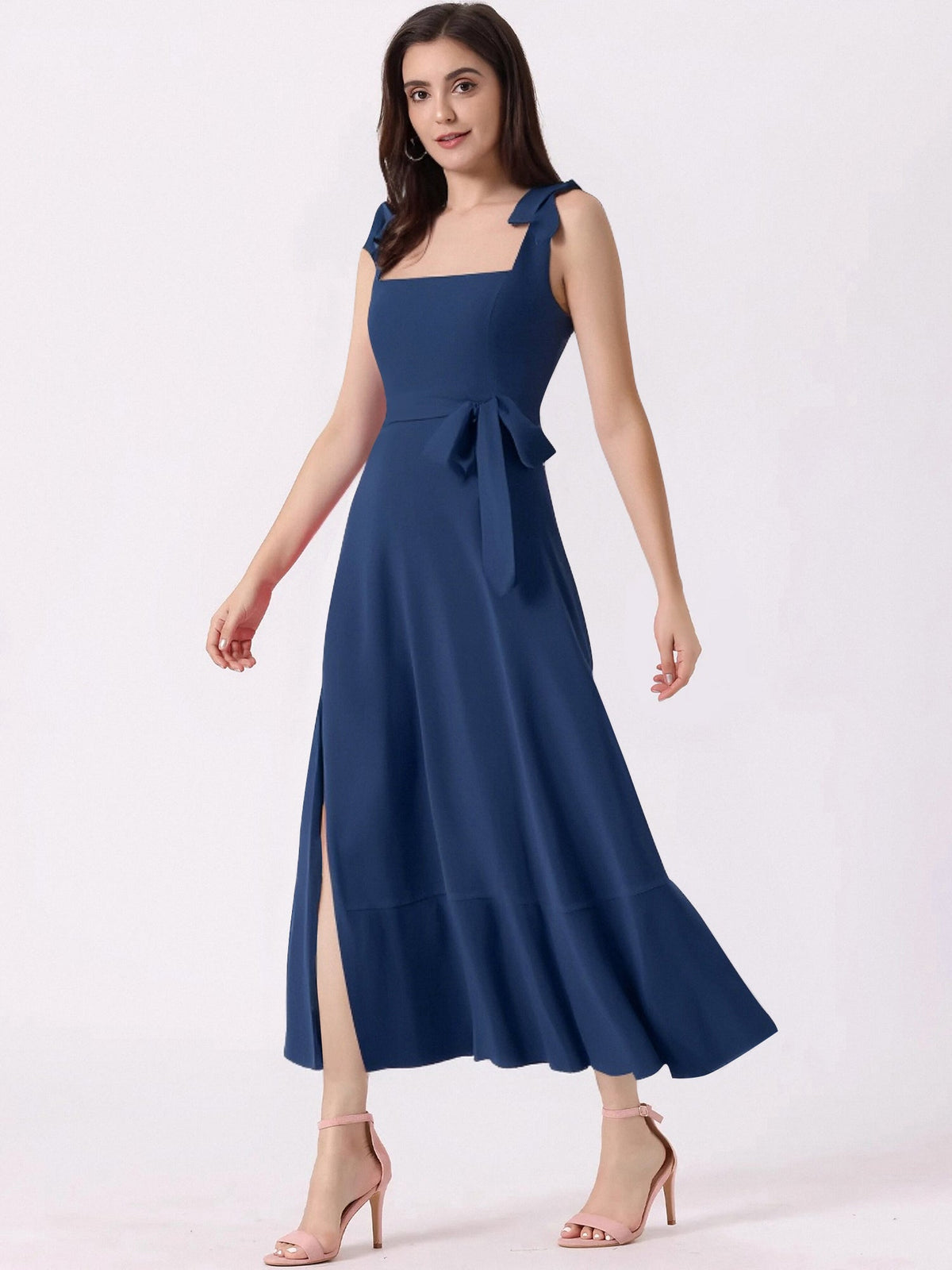 Bow Lace-Up Belted Slit Ruffled Sleeveless Midi Dress