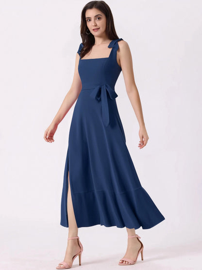 Bow Lace-Up Belted Slit Ruffled Sleeveless Midi Dress