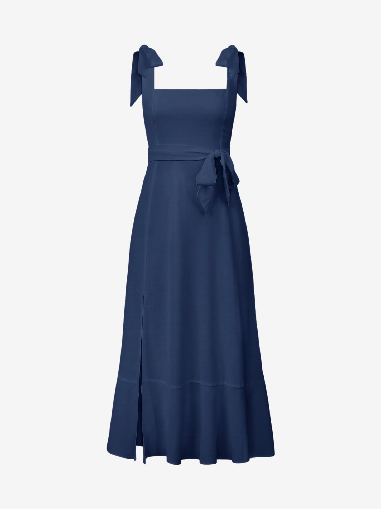Bow Lace-Up Belted Slit Ruffled Sleeveless Midi Dress