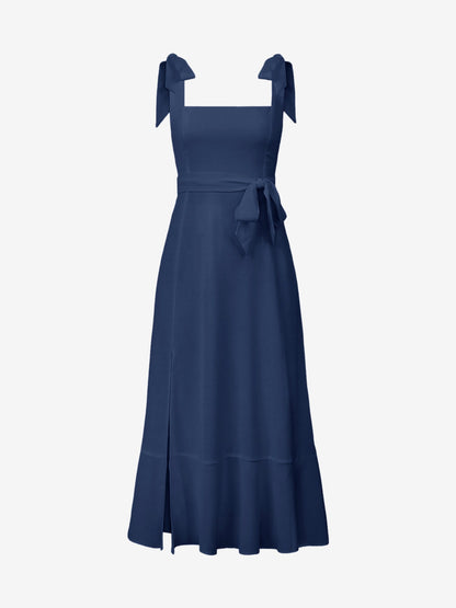 Bow Lace-Up Belted Slit Ruffled Sleeveless Midi Dress