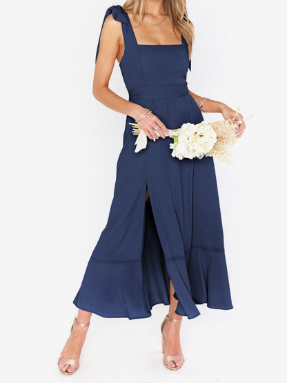 Bow Lace-Up Belted Slit Ruffled Sleeveless Midi Dress